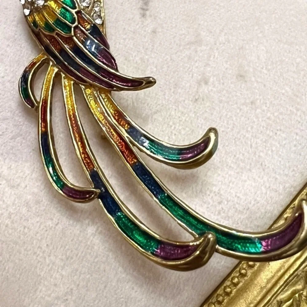 Large Bird‎ of Paradise Brooch Gold Tone Enamel Rhinestones Parrot Bird Colorful
